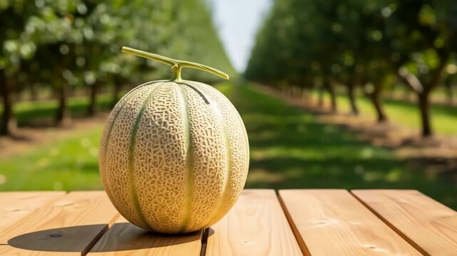 A fresh, ripe cantaloupe melon sits on a rustic wooden table with a blurred green orchard in the background on a sunny day.