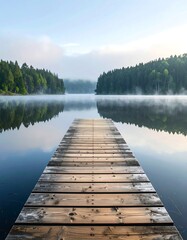 Tranquil wooden dock extends into a serene lake, fringed by misty forests at dawn.