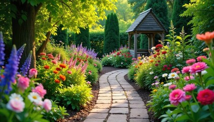 A charming garden path, adorned with vibrant flowers in bloom and whimsical garden decor, meanders through lush greenery, creating a magical outdoor space , walkway, magical