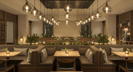 "Modern upscale restaurant interior with artistic pendant lamps hanging from the ceiling in symmetrical arrangement, warm ambient lighting, wooden tables, elegant decor"