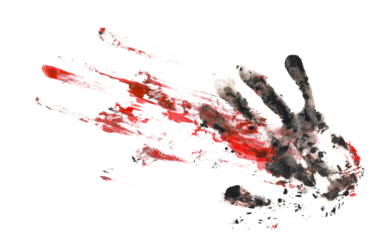 Concept of fear, bloody hand slides down the wall, gore isolated on white, clipping path	