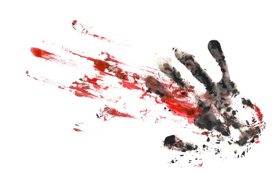 Concept of fear, bloody hand slides down the wall, gore isolated on white, clipping path	