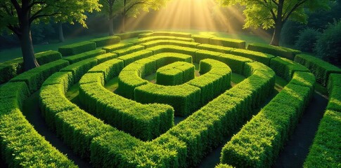 A complex hedge maze in full summer bloom, sunlight dappling through the leaves creating a captivating, intricate pattern  Perfect for summer themes, puzzles, and escape concepts ,  way,  natural