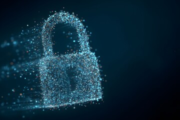 Glowing padlock formed by particles security digital