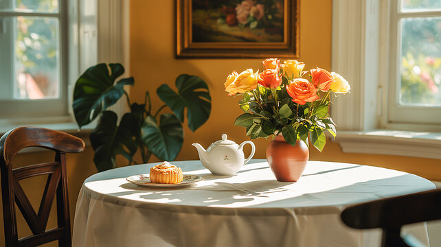 Elegant table setting Flowers, teapot, and cake in a sunlit room, a perfect dining experience