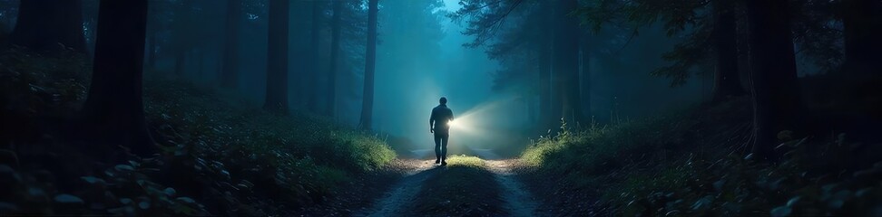 Obraz premium A lone flashlight beam cuts through the darkness, illuminating a mysterious path ahead Its powerful light reveals textures and shadows, creating a sense of intrigue and exploration , ray, unseen