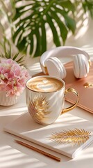 Stylish coffee cup with latte art on white desk with flowers and headphones
