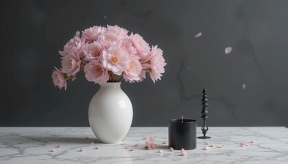 Calm Minimalist Still Life with White Vase of Pink Blossoms and Black Candle