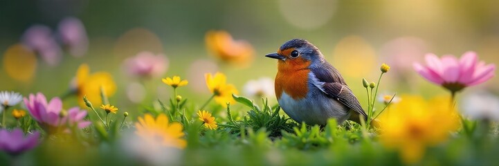 Fototapeta premium A robin's egg nestled in a bed of spring wildflowers, a perfect natural Easter egg hidden amongst vibrant blossoms A delightful springtime scene , spring flowers, outdoor, springtime