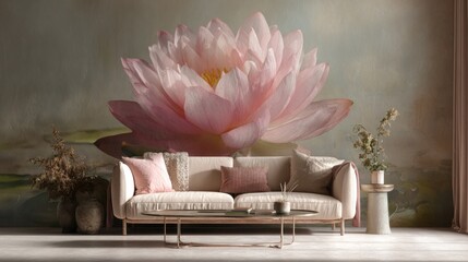 Living room with a large pink lotus mural behind a neutral sofa and coffee table