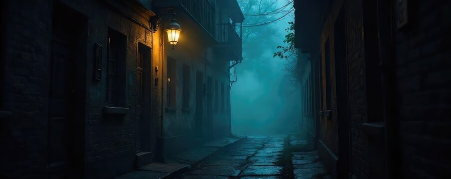 A shadowed alleyway, fog swirling, a single flickering gas lamp casts long, eerie shadows, hinting at secrets and untold stories The atmosphere is thick with suspense, a mystery unfolds , fog, crime