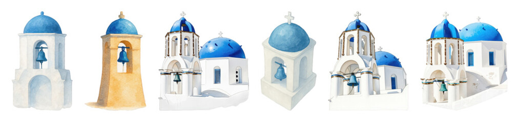Obraz premium Greek blue dome church set including various bell towers and traditional buildings isolated. Mediterranean travel and architectural elements.
