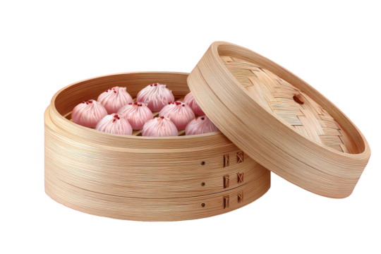 Pink Steamed Buns In Bamboo Steamer
