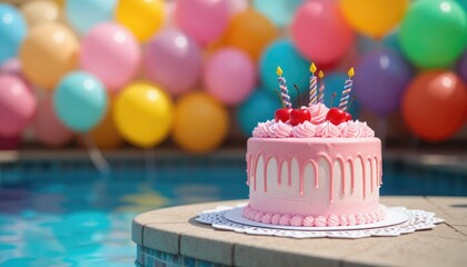 By a beautiful blue swimming pool, a delightful birthday cake with pink frosting and cherries rests on a white doily.  In the background, vibrant balloons float, implying a joyous outdoor summer party