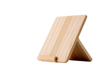 Light-colored wooden tablet stand.  Simple, angled design.  Flat top surface.  Small, rolled-edge base.  Solid construction