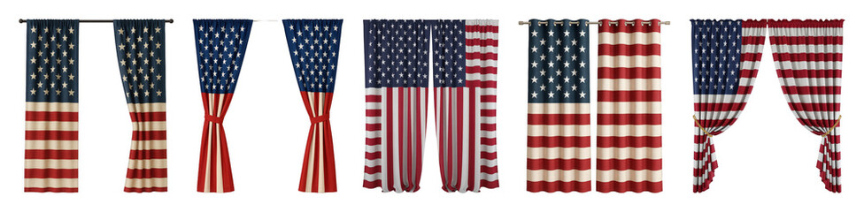 Obraz premium American flag curtains set including patriotic star, stripe, hanging, and tied styles isolated. Home decor and national celebration elements.