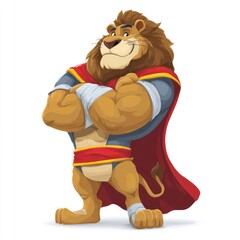Cartoon-style powerful but kind lion mascot, muscular build, friendly smile, wearing a royal cape
