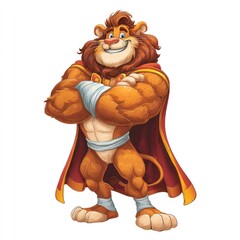 Cartoon-style powerful but kind lion mascot, muscular build, friendly smile, wearing a royal cape