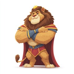 Cartoon-style powerful but kind lion mascot, muscular build, friendly smile, wearing a royal cape