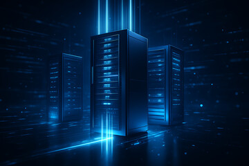 Blue illuminated computer servers in secure data center symbolizing cloud computing information management database hosting and technology power