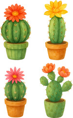 Watercolor illustration of blooming cactus plants in terracotta pots, featuring vibrant red, yellow, and pink flowers, perfect for botanical design and decor