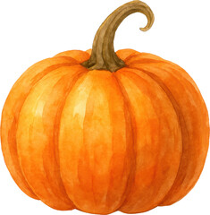 Watercolor illustration of a bright orange pumpkin with a curved brown stem, autumn harvest vegetable artwork perfect for fall, Halloween, and Thanksgiving decor