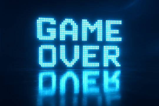 Bright glowing game over text in pixel style representing futuristic arcade video gaming digital failure screen and entertainment technology concept