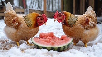 Two Chickens Sharing Watermelon in Snowy Pen