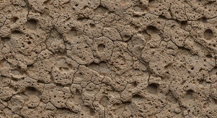 Close-up view of a textured, cracked, porous surface resembling dry earth or rock.