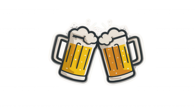 Dynamic Cartoon Clinking Beer Mugs Sticker Illustration with Splashes