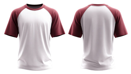 Front and back view of a white t-shirt with maroon/burgundy raglan sleeves (2)