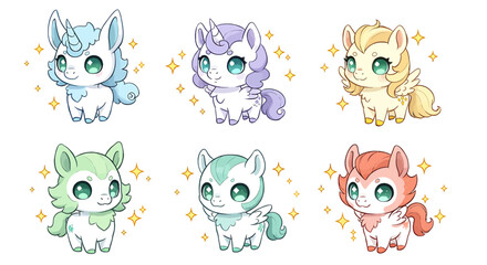 Obraz premium Charming collection of adorable fantasy creatures design, showcasing delightful magical sparkle effects for creative projects