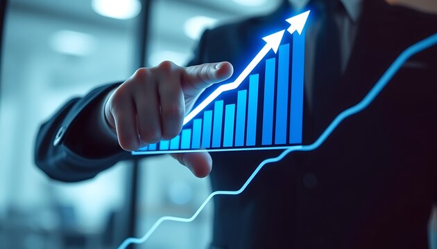 Businessman pointing at upward trending blue bar graph and line chart on digital display finance growth