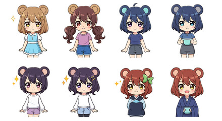 Obraz premium Cute bear girl character design illustrations for anime and manga projects, showcasing diverse outfits and styles
