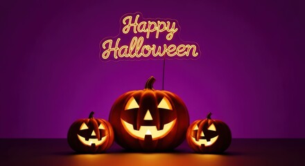 Three glowing jackolanterns with happy halloween in neon lights against a purple background for a halloween theme, spooky and fun