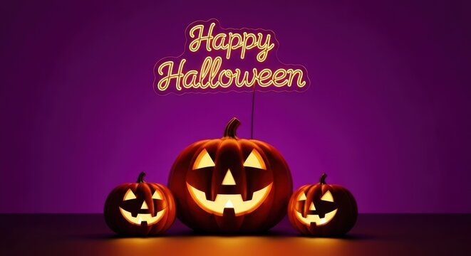 Three glowing jackolanterns with happy halloween in neon lights against a purple background for a halloween theme, spooky and fun