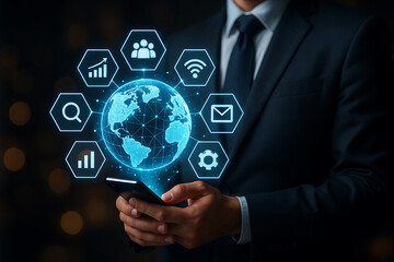 Businessman holding smartphone with glowing digital globe and icons representing global communication cloud storage and finance