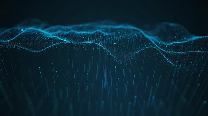 Abstract digital landscape with glowing blue waves and falling particles on dark background