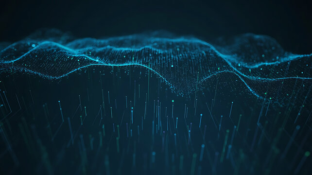 Abstract digital landscape with glowing blue waves and falling particles on dark background