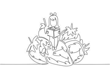Continuous one line drawing girl reading on pile of strawberries. Harvest season and exam season come together. Girl Reading Book at Vegetables and Fruits. Single line draw design vector illustration
