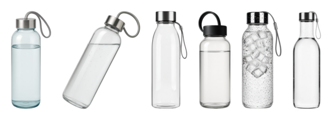 Reusable glass water bottle set including water-filled, ice-filled, and empty forms with different cap designs isolated. Hydration and health collection.