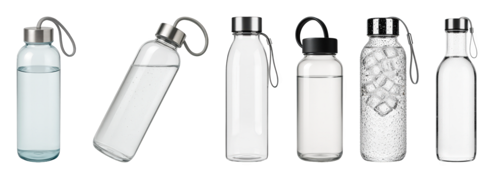 Reusable glass water bottle set including water-filled, ice-filled, and empty forms with different cap designs isolated. Hydration and health collection.