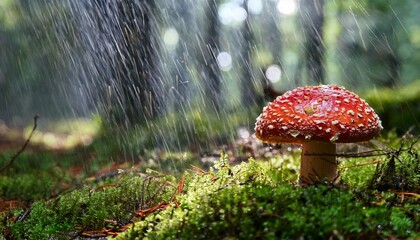 Enchanted Forest Scene Featuring Red Mushroom Under Rainfall