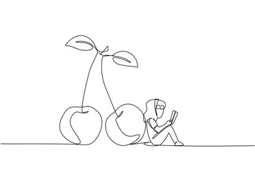 Single continuous line drawing young girl reading leaning next to cherry. Reading fiction seriously. Hobby reading. Girl Reading Book at Vegetables and Fruits. One line design vector illustration