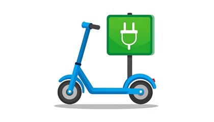 A vibrant blue electric scooter is illustrated with a green charging sign, highlighting sustainable transportation.