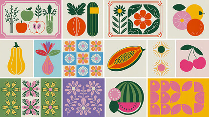 A captivating grid arrangement of vibrant, vintage-style botanical illustrations, showcasing a diverse array of fruits, fresh vegetables, and delightful floral patterns with a modern retro appeal