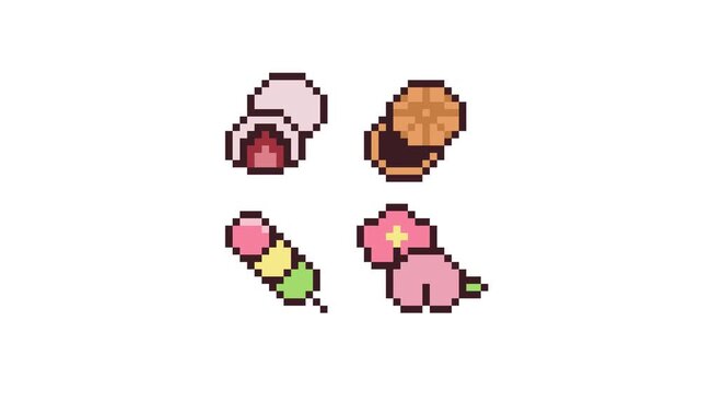 8-bit pixel art japanese traditional sweets set looped animation 4k 30fps