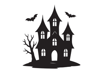 halloween hunted house logo silhouette vector, hunted house silhouette vector art illustration, black haunted house , haunted house full moon night logo silhouettes vector on white background. 