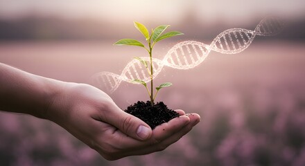 A hand holding a sapling with a DNA double helix, symbolizing the science of agriculture and biotechnology