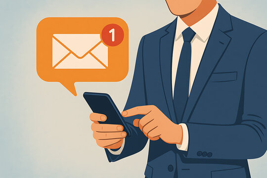 Corporate businessman checking smartphone with email alert showcasing modern communication notification and digital business connection
